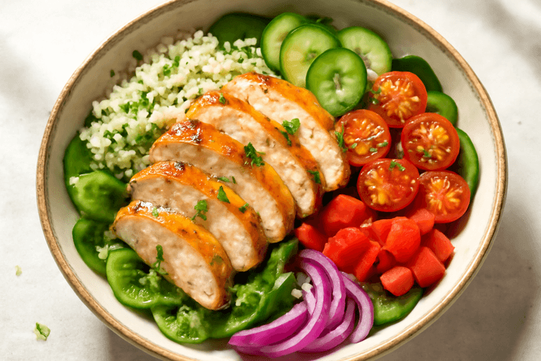 Färgstark kycklingsallad med quinoa och citrusvinägrett