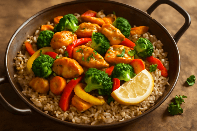 Hähnchen-Gemüse-Pfanne mit Vollkornreis