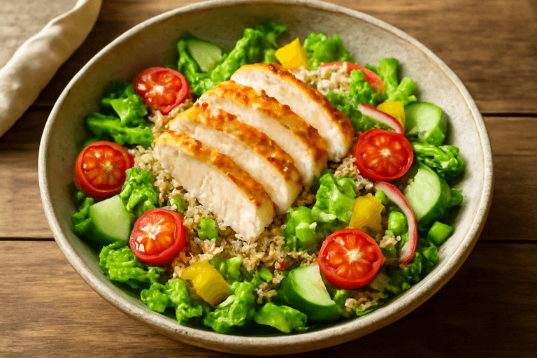 Лёгкий куриный салат с овощами и киноа