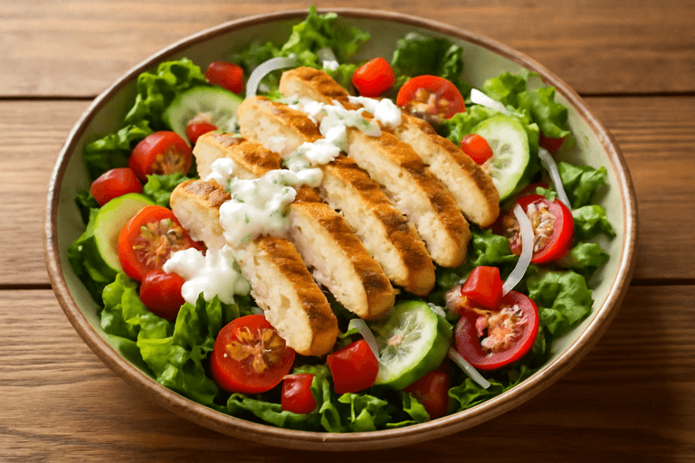 Salată sățioasă cu piept de pui, legume proaspete și dressing ușor de iaurt