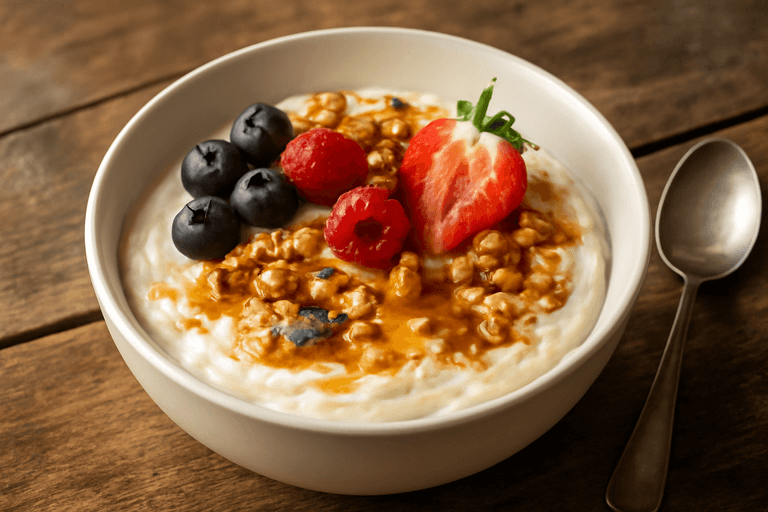 Proteinreicher Frühstücks-Quark mit frischen Beeren und Haferflocken