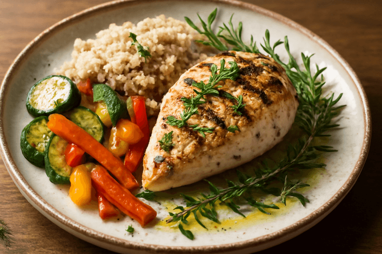 Poulet grillé aux herbes, légumes rôtis & quinoa