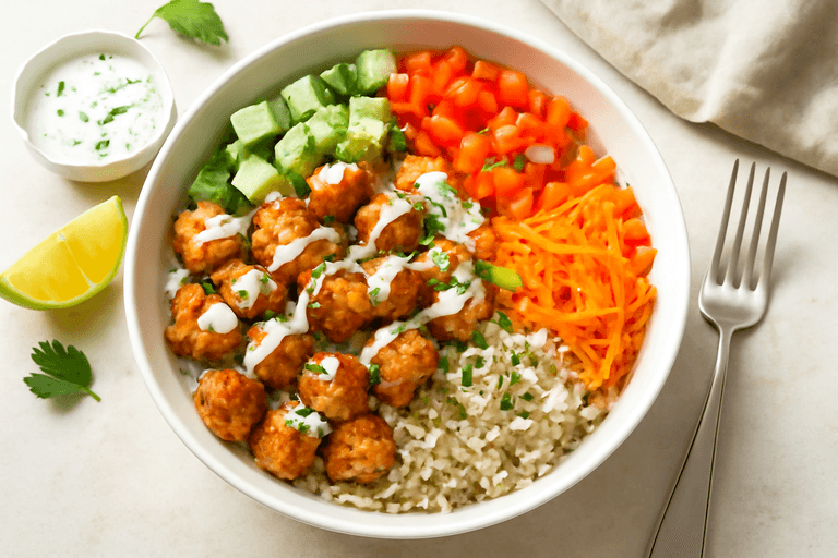 Hähnchen-Gemüse-Bowl mit Joghurt-Dressing