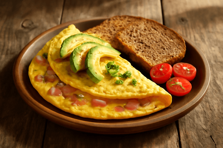 Kraftvolles Frühstücks-Omelett mit Avocado und Vollkornbrot