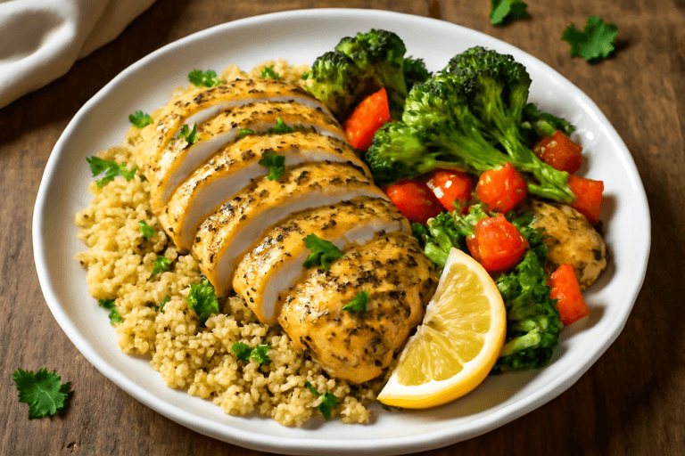 Lean Lemon Herb Chicken with Roasted Veggie Quinoa