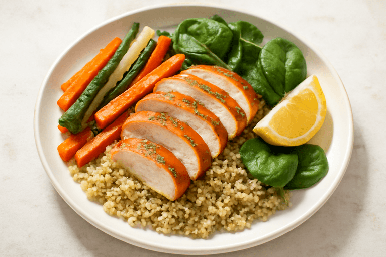Kycklingfilé med rostade grönsaker och quinoa