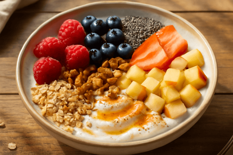 Bol énergisant de petit-déjeuner véggie au yaourt grec et fruits rouges