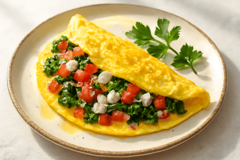 Omelette clásico de espinacas y tomate