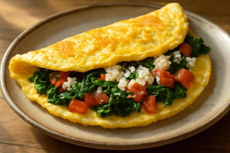 Omelette clásico alto en proteínas con espinacas y tomates