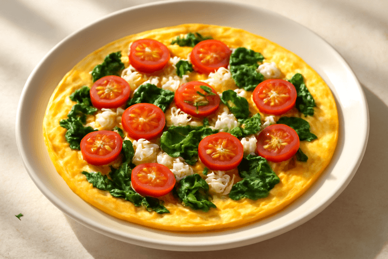 Motivierendes Frühstücks-Omelett mit Spinat und Tomate