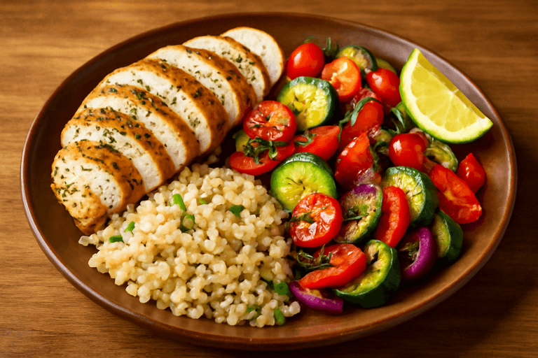 Hähnchenbrust mit mediterranem Gemüse und Vollkornreis