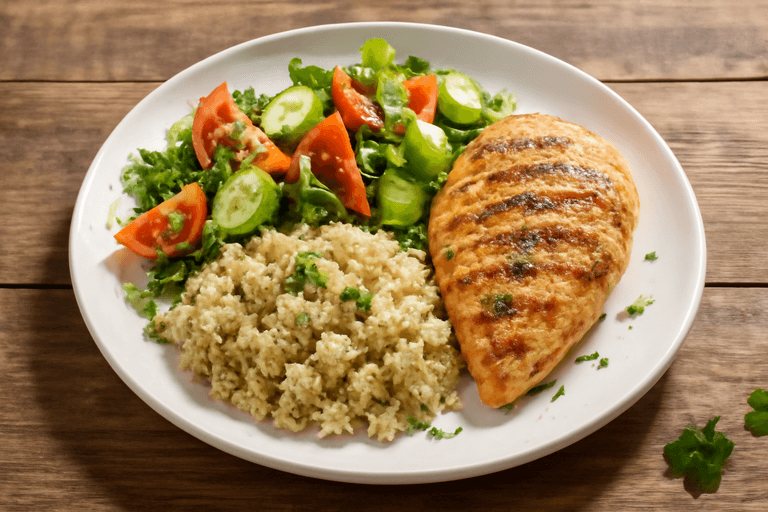 Куриная грудка на гриле с киноа и салатом из свежих овощей