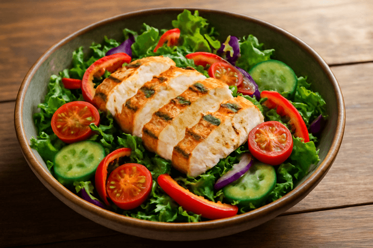 Salade de poulet grillé aux légumes croquants et vinaigrette légère