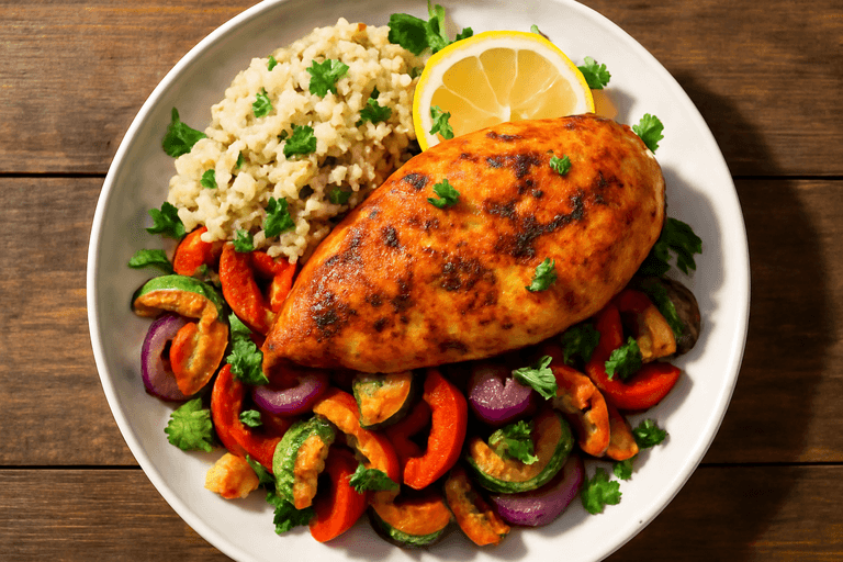 Pollo asado con verduras al horno y quinoa