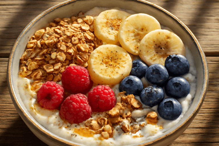 Energie-Frühstücks-Bowl mit Quark und Beeren