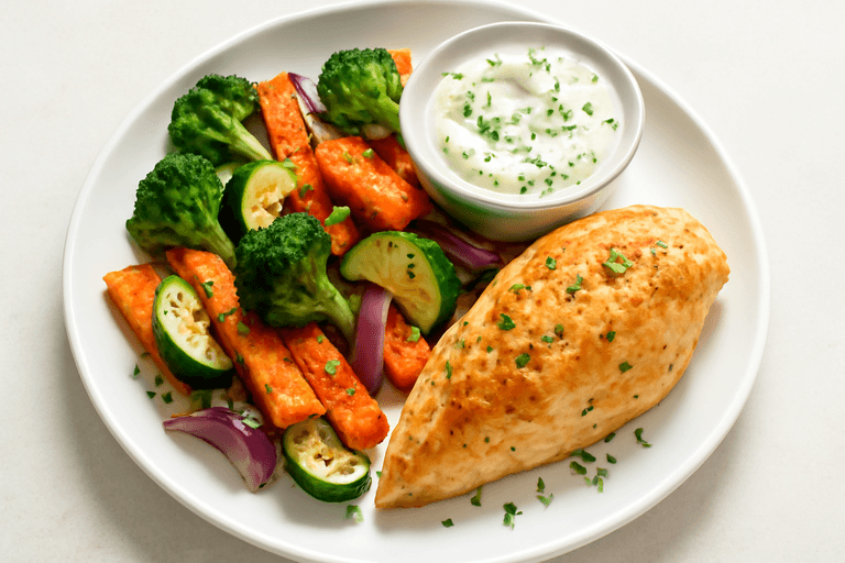 Leichtes Hähnchenbrustfilet mit Ofengemüse & Kräuterdip