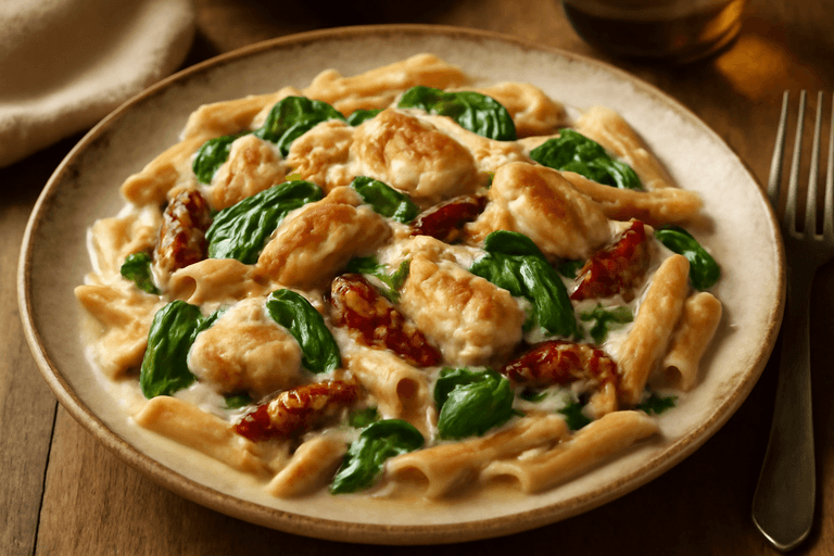 Krämig kycklingpasta med spenat och soltorkade tomater