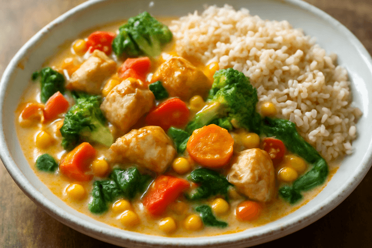 Proteinrik kycklinggryta med fullkornsris