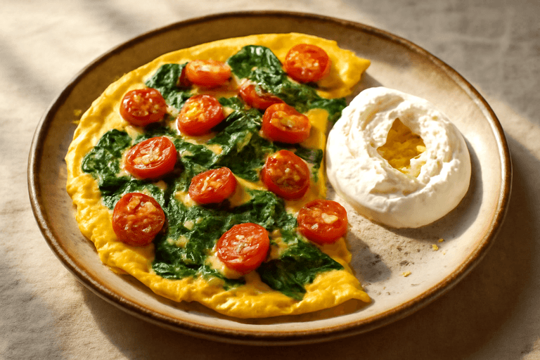 Omletă clasică cu spanac și roșii