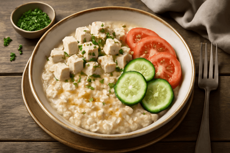 Овсяная каша с нежирной курицей и свежими овощами