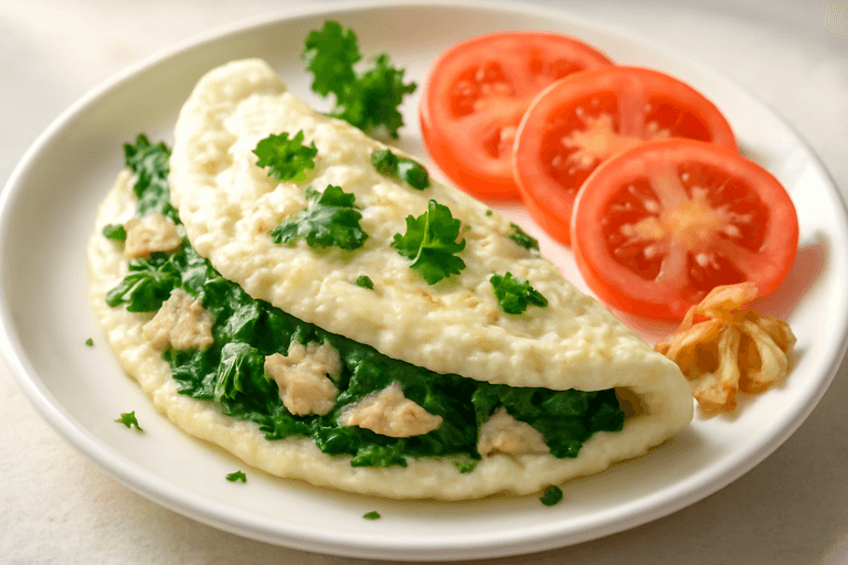 Omelette clásico de claras con espinaca y pavo