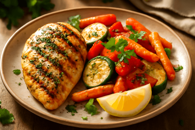 Poulet grillé aux herbes et légumes rôtis