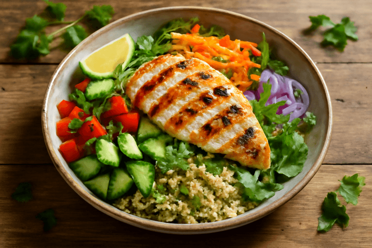 Salade de Poulet Grillé, Quinoa et Légumes Croquants
