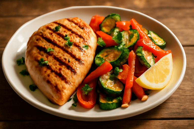 Filet de poulet grillé aux légumes de saison