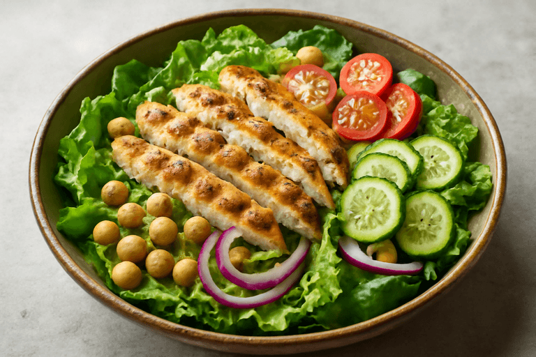 Ensalada clásica de pollo a la plancha y garbanzos