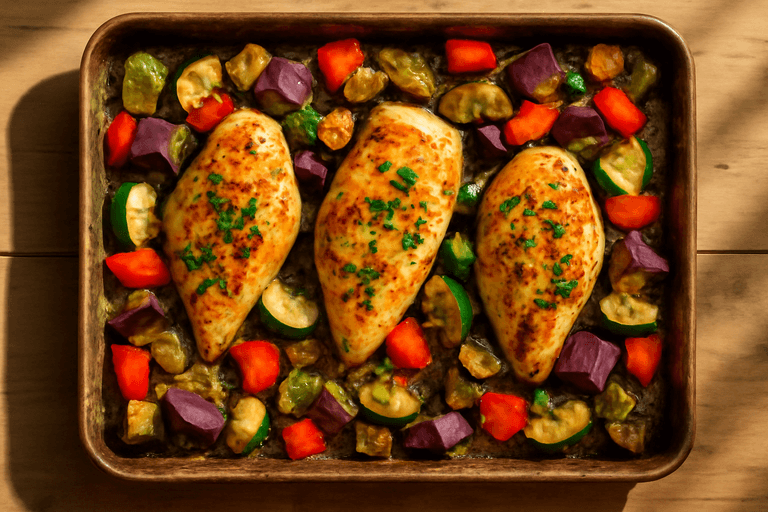 Pollo asado con vegetales mediterráneos