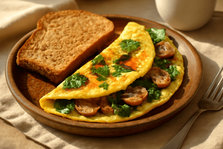 Omelette aux épinards et champignons, pain complet grillé