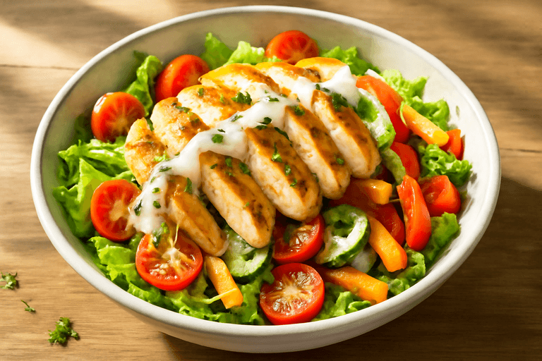 Erfrischender Hähnchen-Gemüse-Salat mit Joghurt-Dressing