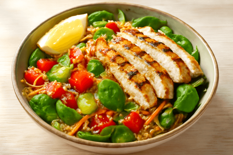 Salade de poulet grillé, quinoa et légumes croquants