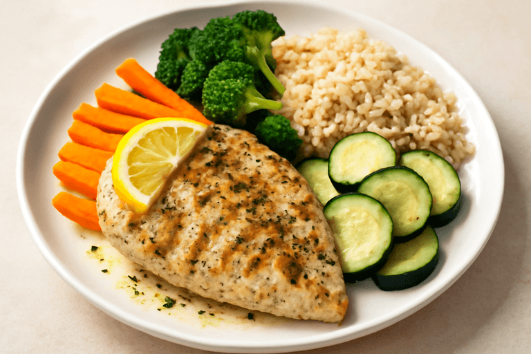 Filé de Frango Grelhado com Legumes ao Vapor e Arroz Integral