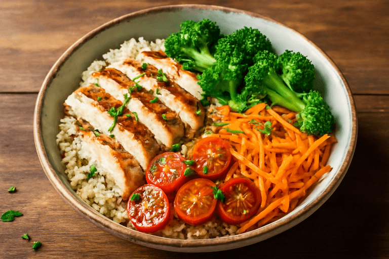 Bowl Clássico de Frango Grelhado com Quinoa e Legumes Coloridos