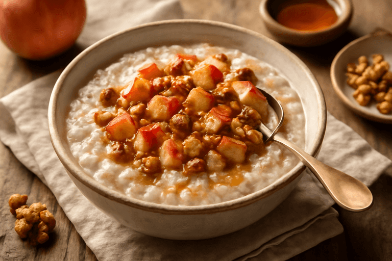 Овсянка с яблоком, корицей и грецким орехом