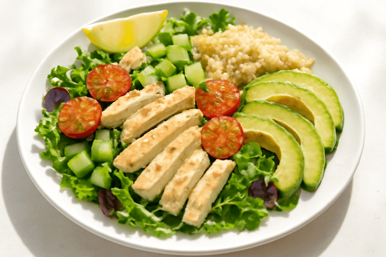 Лёгкий куриный салат с авокадо и киноа