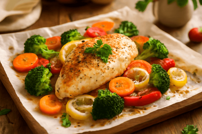 Куриное филе с овощами и травами в духовке