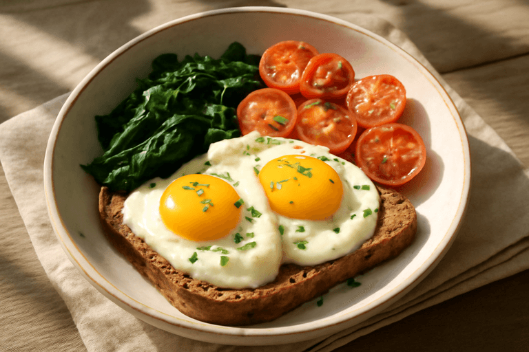Bol équilibré œufs, épinards et tomates