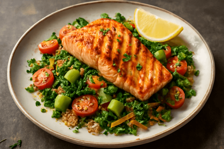 Salmón a la plancha con ensalada templada de quinoa y espinaca