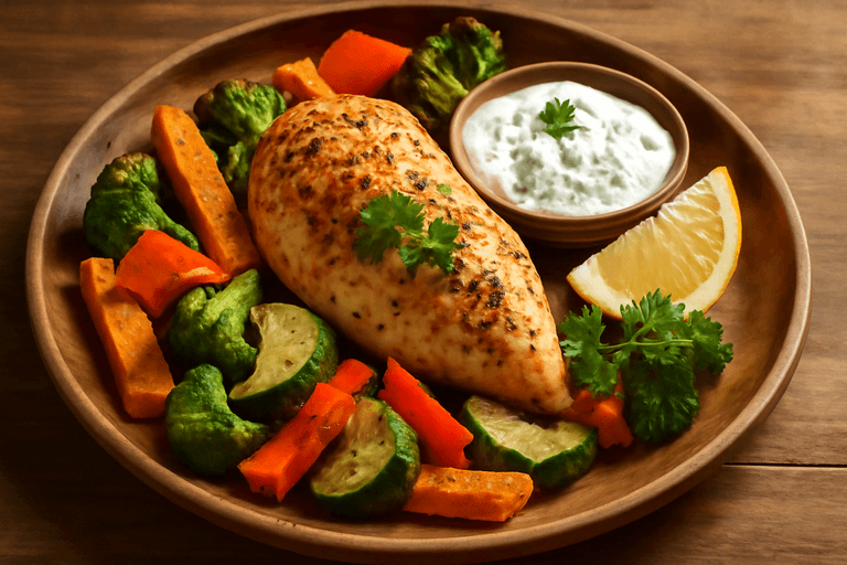 Ugnsbakad kycklingfilé med rostade grönsaker och örtig yoghurt