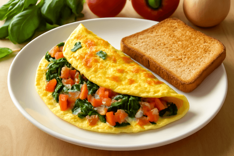 Классический омлет с овощами и цельнозерновым тостом