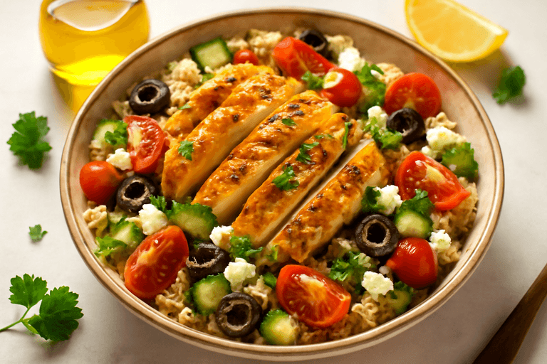 Salade de poulet croustillant et quinoa à la méditerranéenne