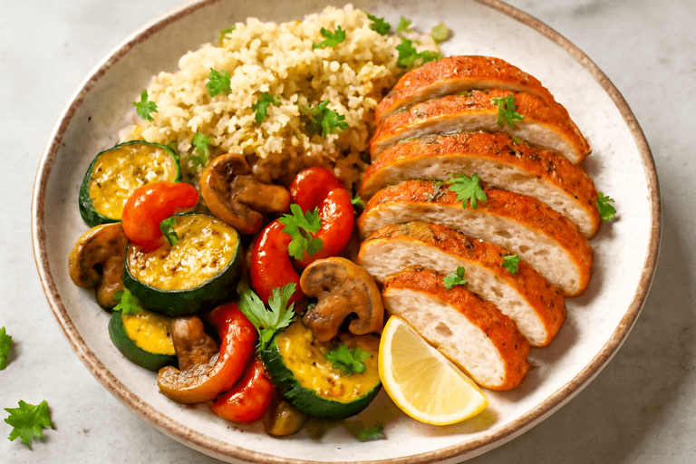 Poulet épicé aux légumes grillés et quinoa léger