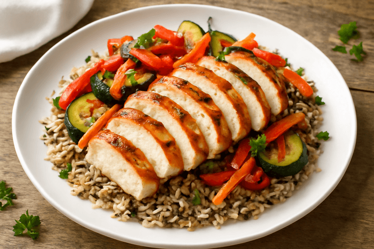 Piept de pui la grătar cu legume colorate și orez sălbatic