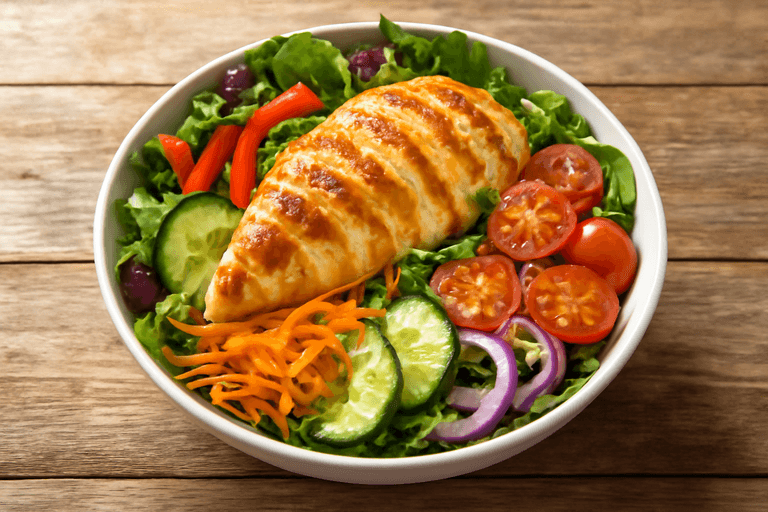 Salată clasică energizantă cu pui la grătar și legume proaspete