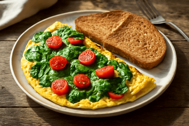 Omelette santé aux épinards et tomates, accompagnée d’un pain complet grillé