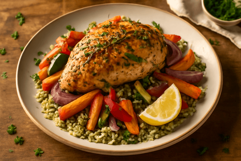 Poulet rôti aux herbes, légumes colorés et quinoa
