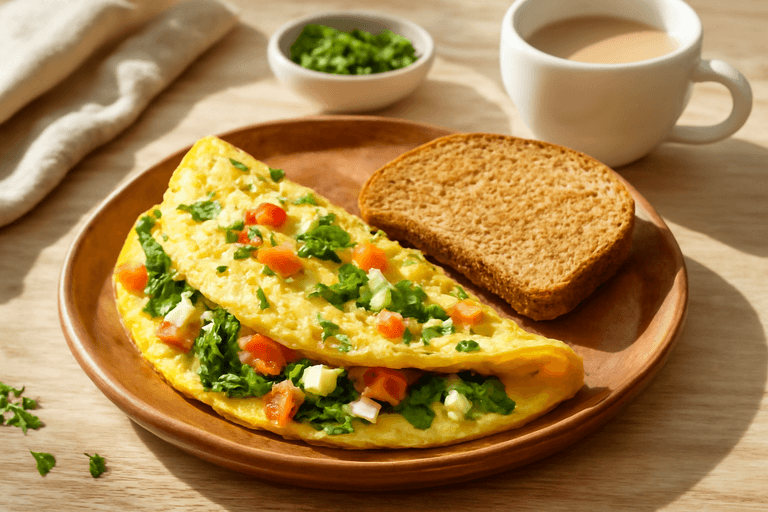 Leichtes Omelett mit Gemüse und Vollkorntoast