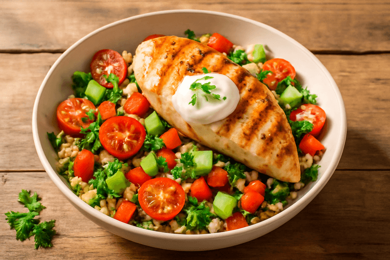 Κοτόπουλο Σχάρας με Σαλάτα Ολικής Άλεσης και Λαχανικά